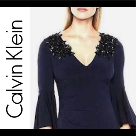 🔥🔥🔥 CK Navy Full Length Bell Sleeves Gown - Picture 1 of 7